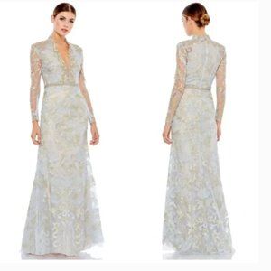 MAC DUGGAL 11165 LONG SLEEVE APPLIQUE V-NECK POWDER BLUE GOWN sz 14